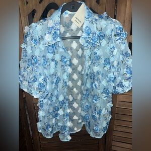 Floral Blue Sheer Top- Size M